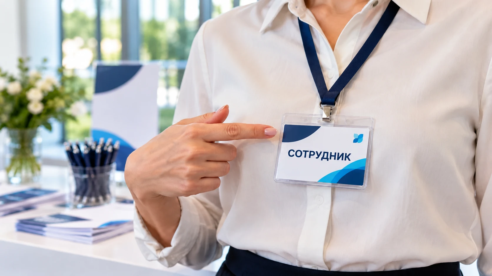 Бейдж с нейтральной подписью «Сотрудник» на тёмной ленте.