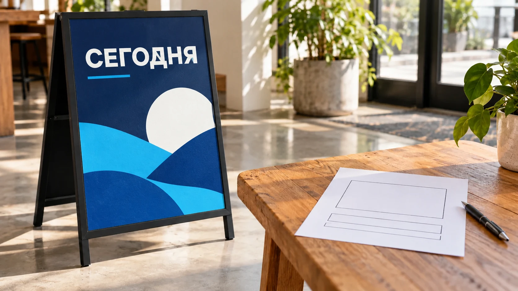 Штендер с крупной надписью «СЕГОДНЯ» и сине-голубой графикой в светлом помещении.