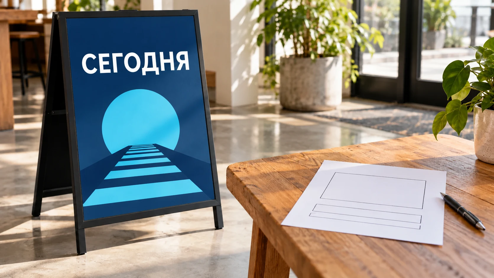 Штендер с крупным заголовком и графическим оформлением стоит у входа в помещение.