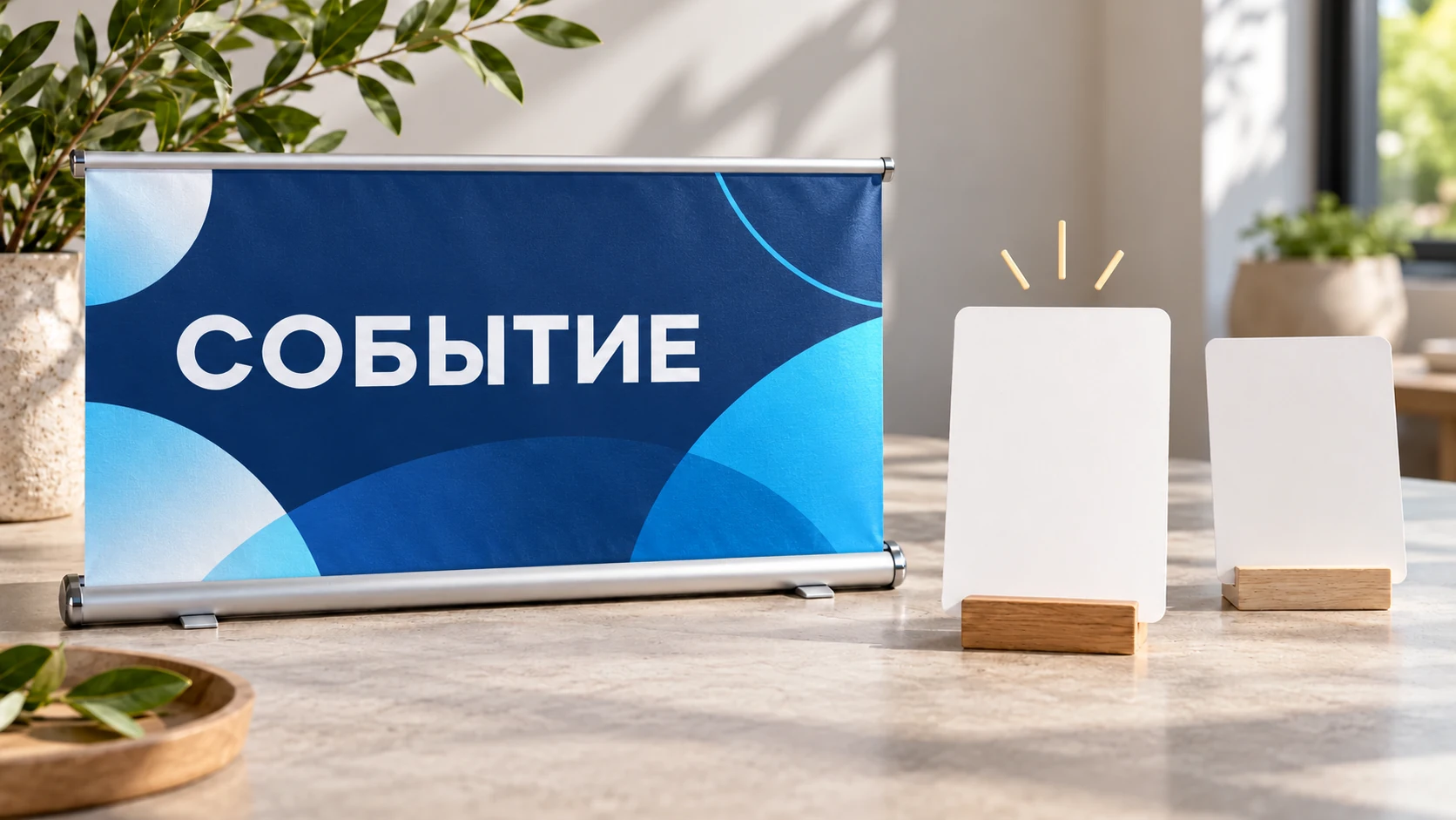 Баннер с нейтральной надписью «СОБЫТИЕ» на синем графическом фоне.