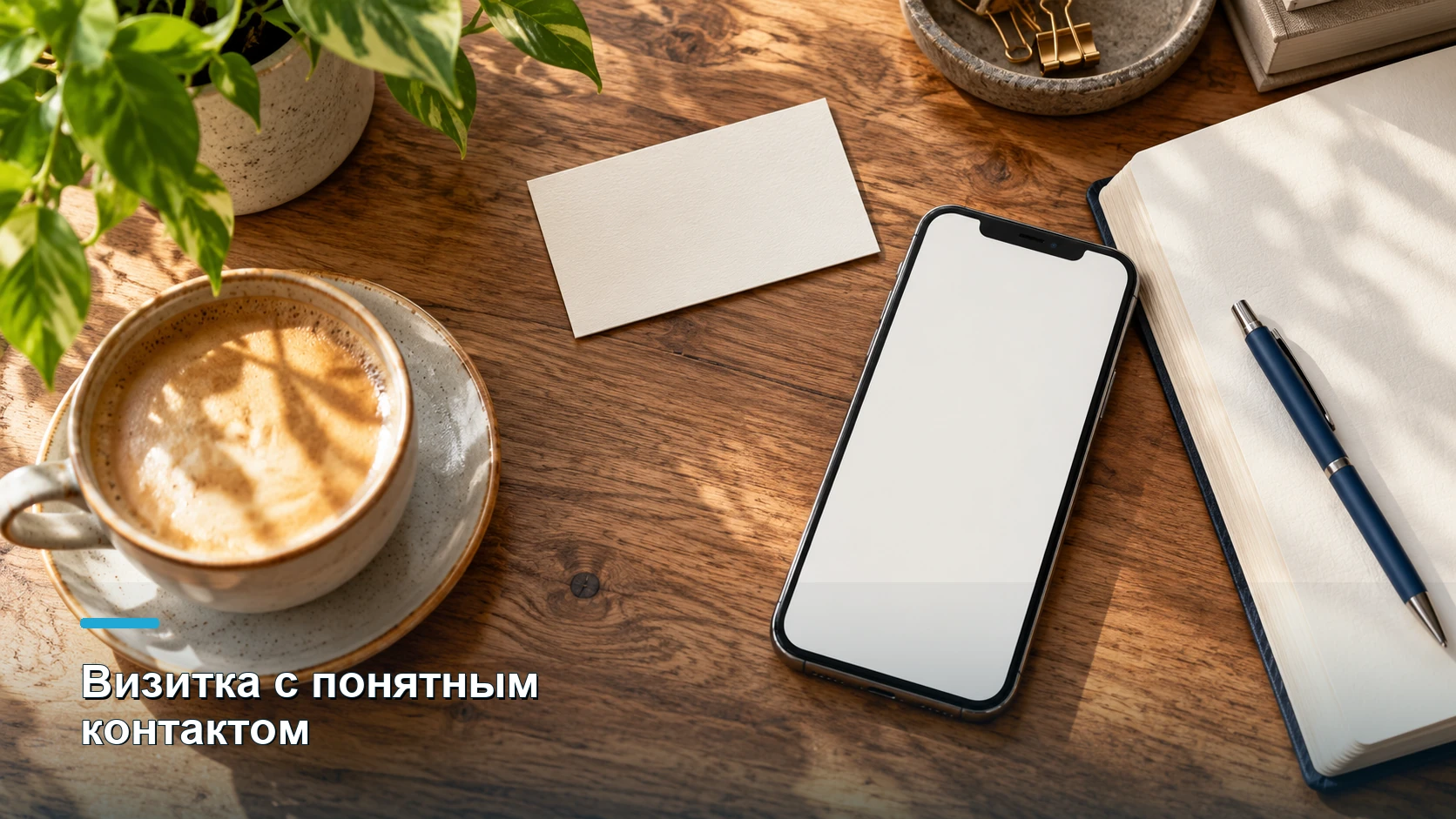 Белая визитная карточка, смартфон, блокнот с ручкой и чашка кофе на деревянном столе.
