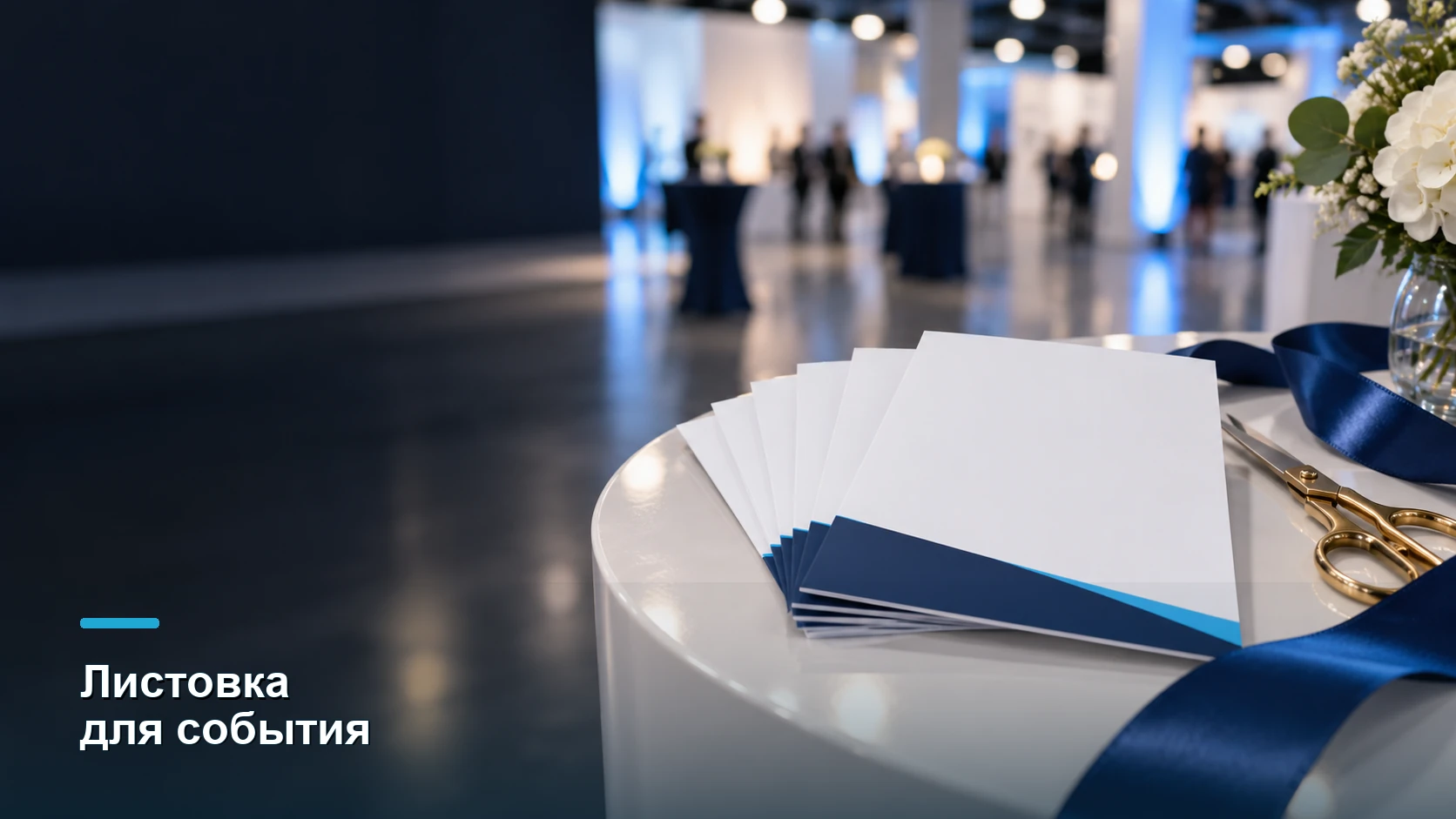 Веер белых листовок с синей полосой, атласная лента и ножницы на столе мероприятия.