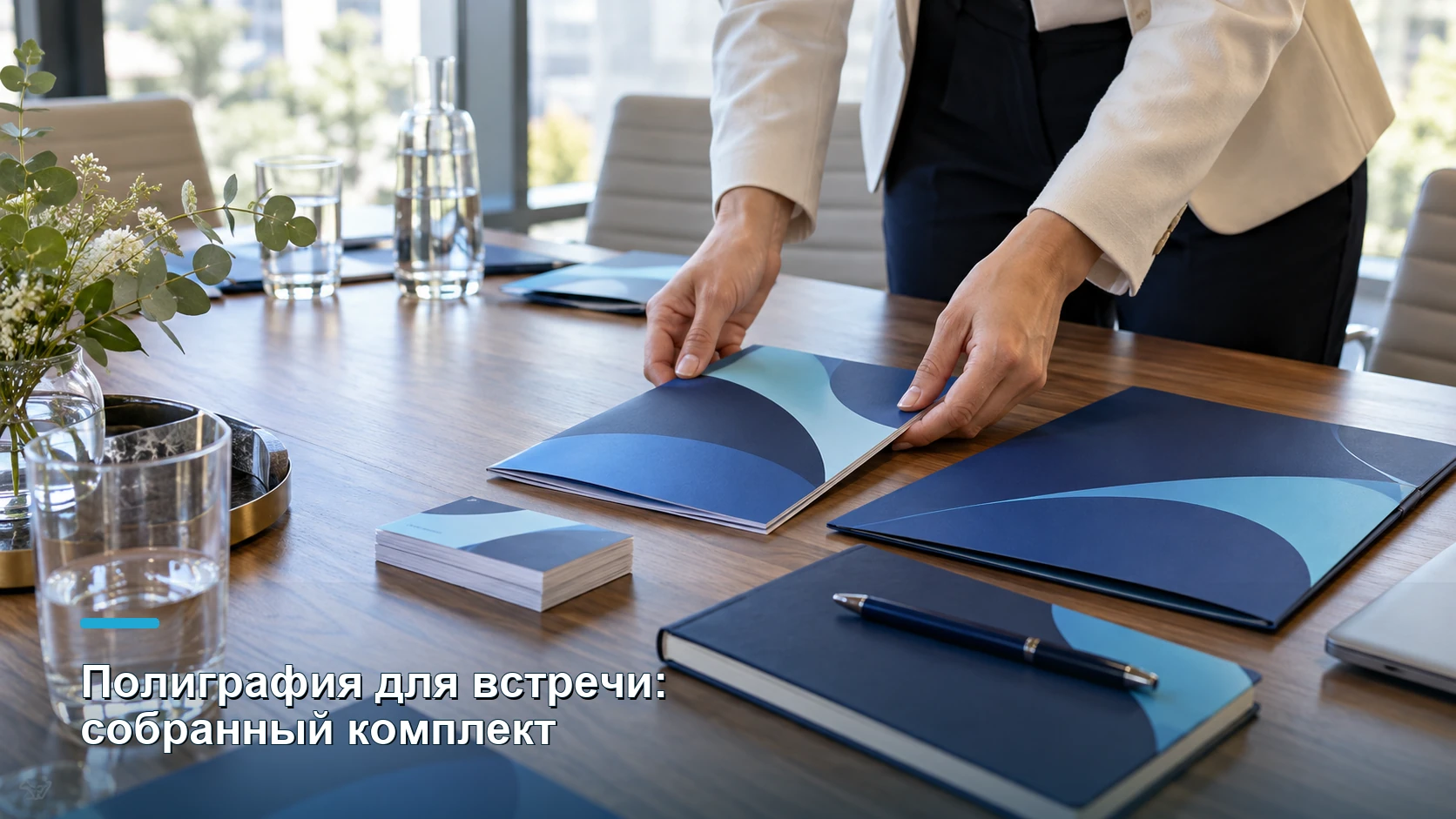 Визитки, буклет и листовки в единой сине-голубой композиции на рабочем столе.