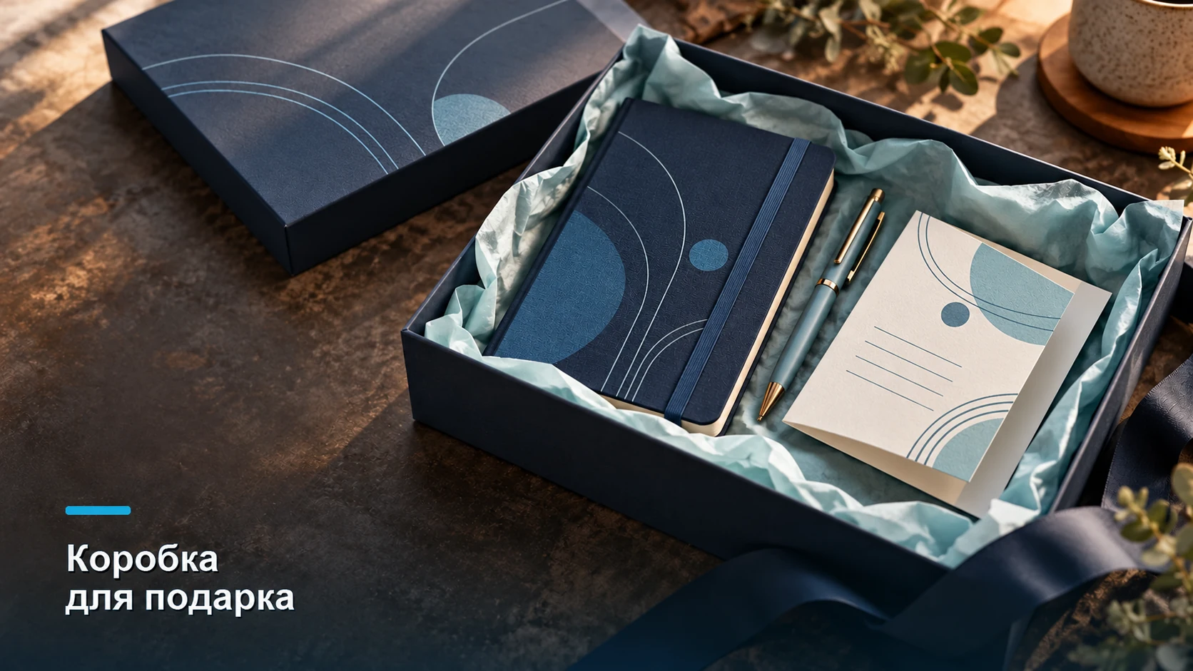 Тёмно-синяя подарочная коробка с блокнотом, ручкой и открыткой с согласованной графикой.