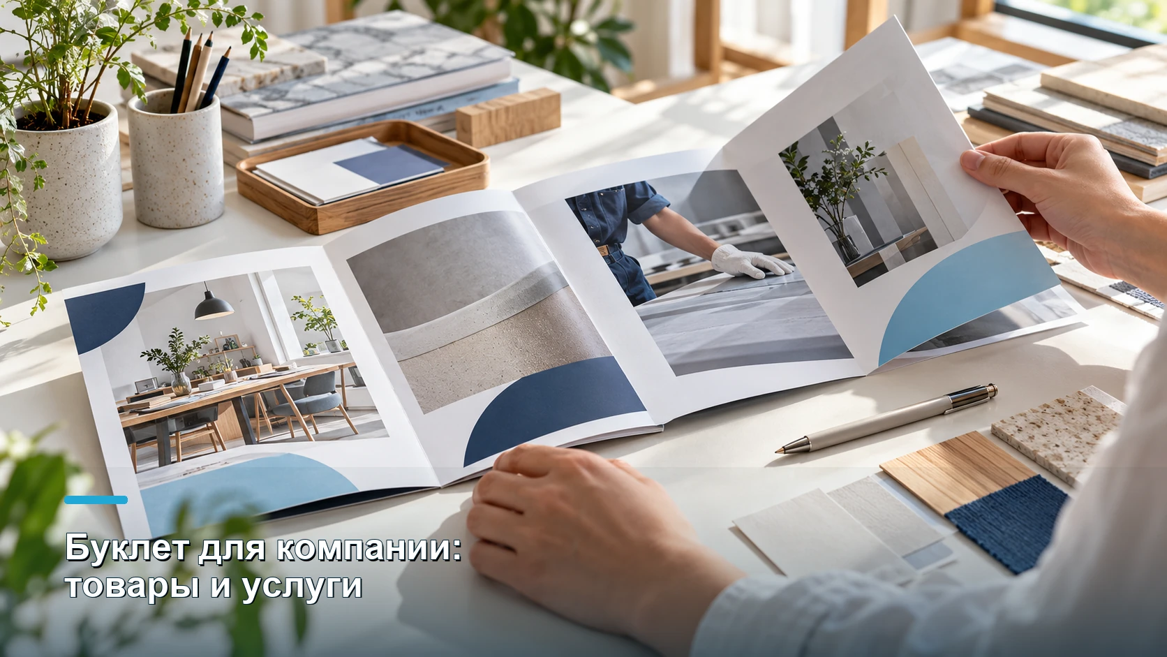 Раскрытый рекламный буклет с фотографиями интерьеров и сине-голубой печатной графикой.