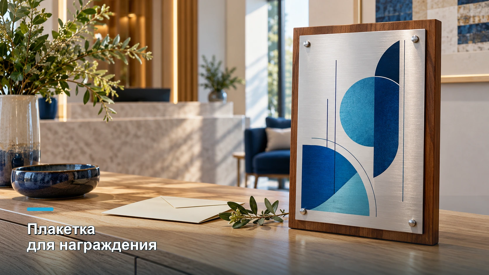 На деревянной консоли стоит плакетка с алюминиевой пластиной и синей графикой; рядом лежат конверт и веточка.
