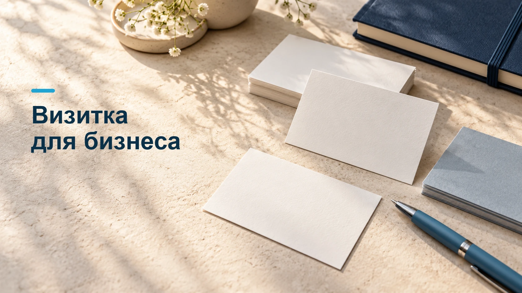 Визитки для деловой встречи лежат рядом с папкой и печатным образцом.