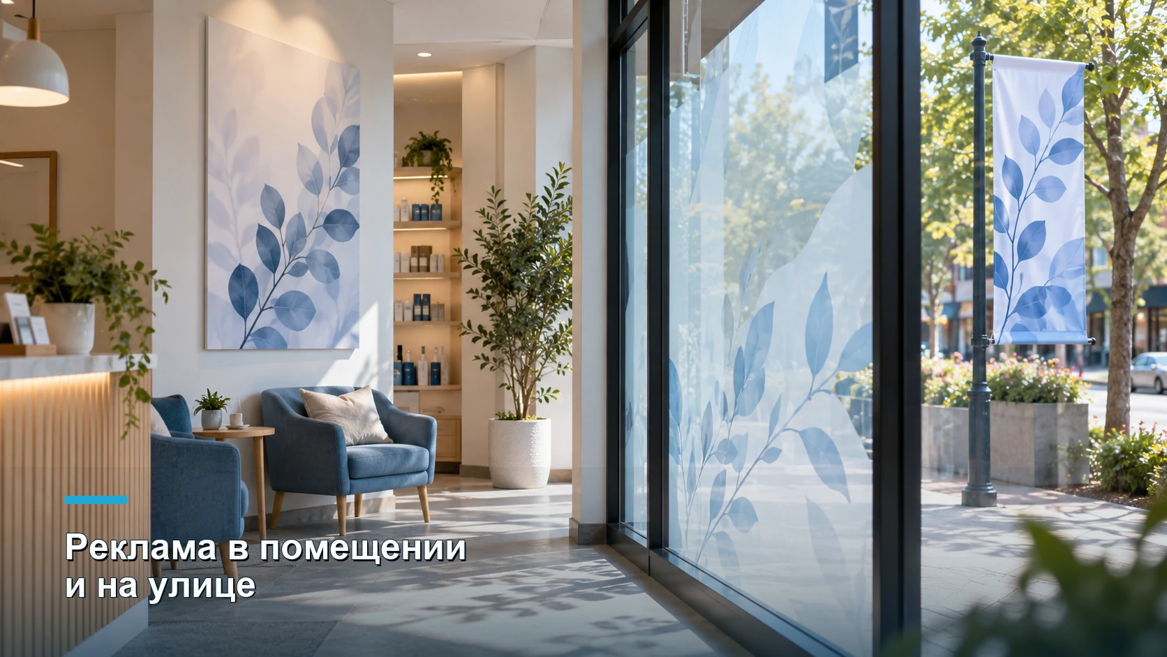 Интерьер с настенным постером, печатной плёнкой на витрине и уличным флагом за стеклом.